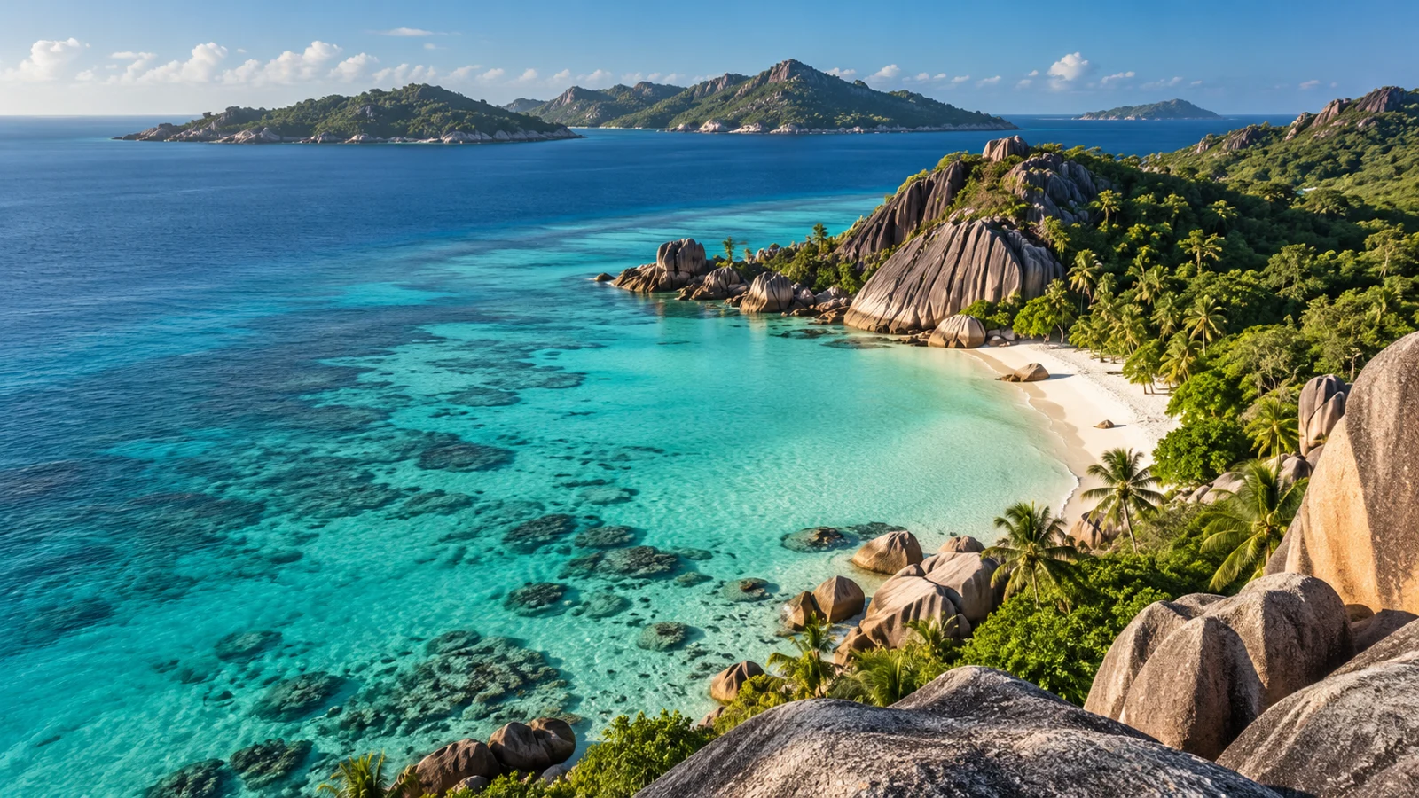 Illustrative Seychelles-inspired turquoise lagoon and granite coast